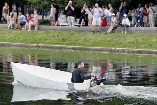 Fabio Viale's marble boat set afloat on Golitsynsky pond