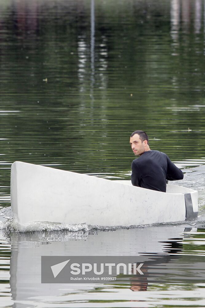 Fabio Viale's marble boat set afloat on Golitsynsky pond