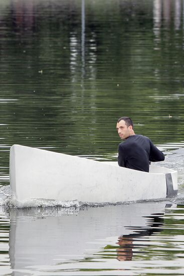Fabio Viale's marble boat set afloat on Golitsynsky pond