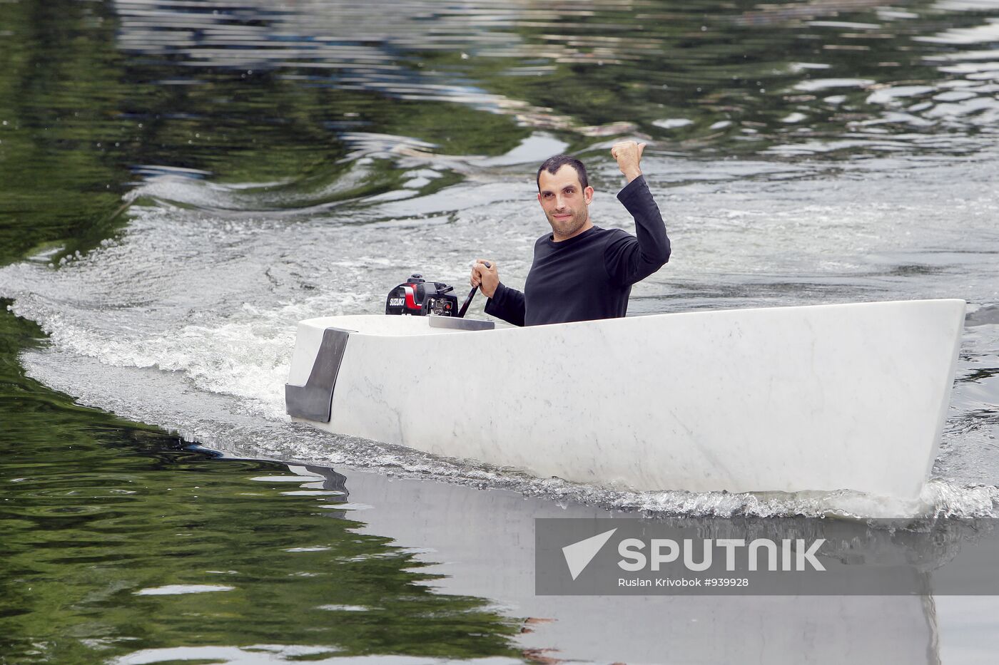 Fabio Viale's marble boat set afloat on Golitsynsky pond