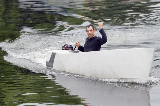 Fabio Viale's marble boat set afloat on Golitsynsky pond