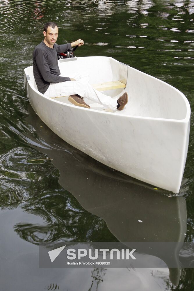 Fabio Viale's marble boat set afloat on Golitsynsky pond