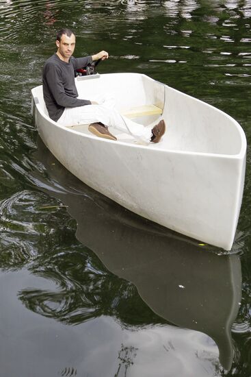 Fabio Viale's marble boat set afloat on Golitsynsky pond