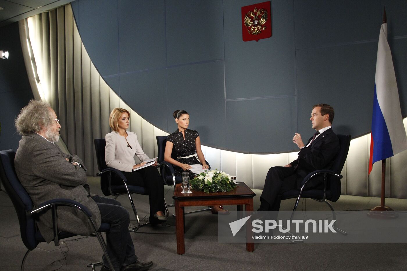 Russian President Dmitry Medvedev gives an interview to television and radio channels