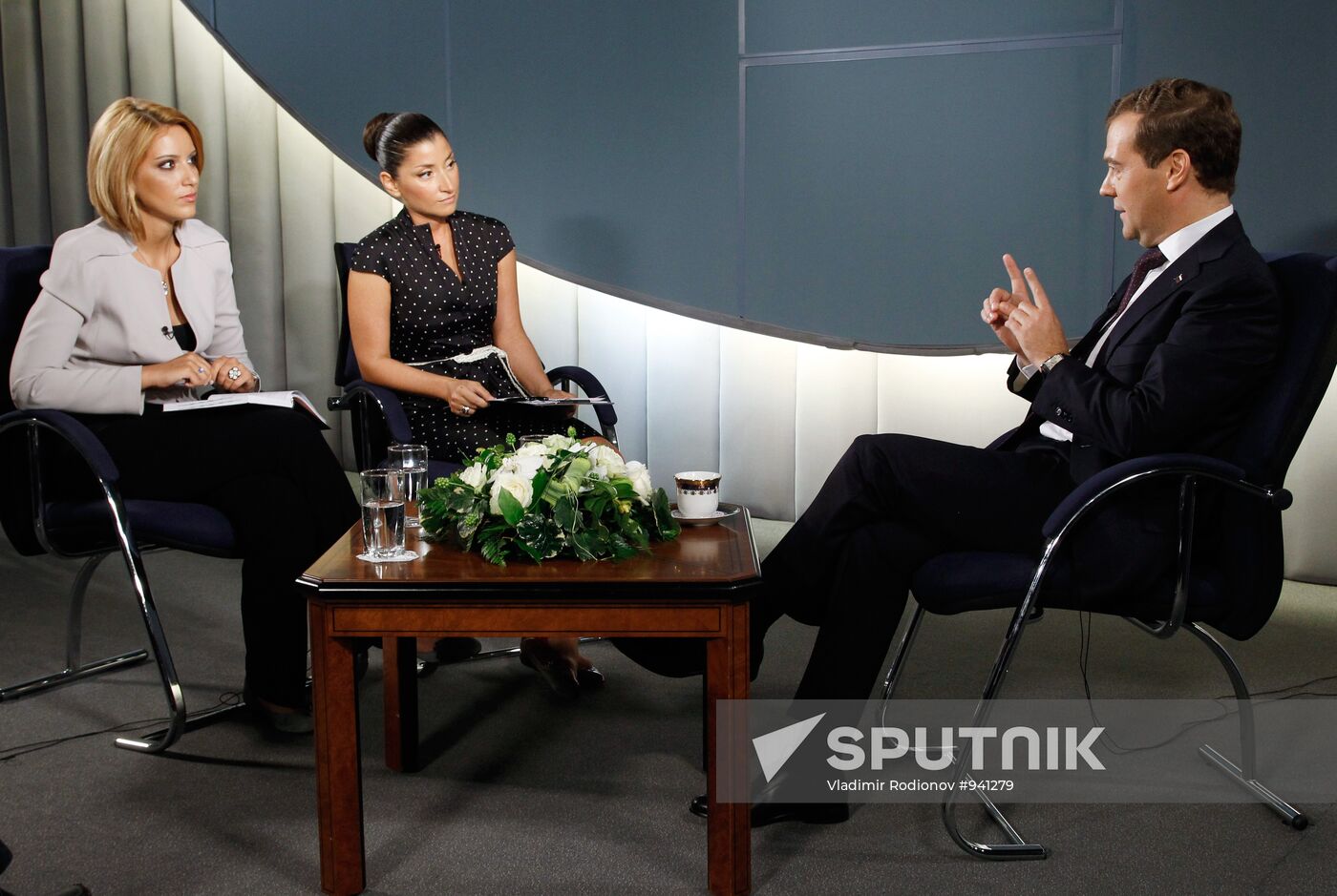 Russia’s President Dmitry Medvedev granted an interview to TV channels and a radio station