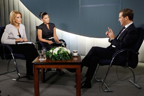 Russia’s President Dmitry Medvedev granted an interview to TV channels and a radio station