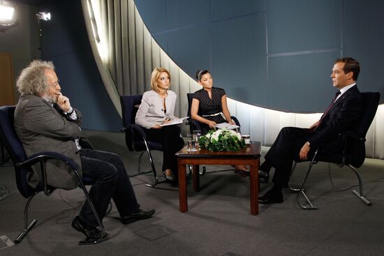 Russia’s President Dmitry Medvedev granted an interview to TV channels and a radio station