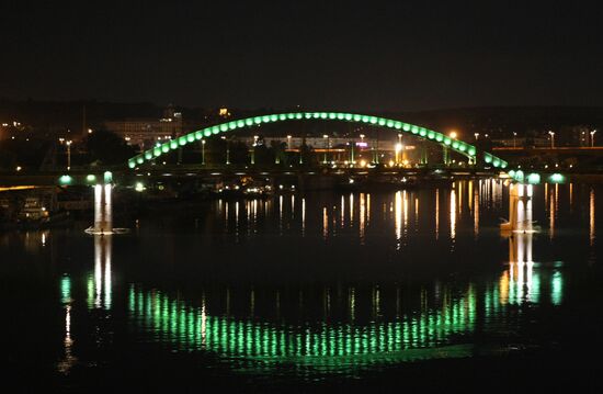 Illuminated bridge across Sava in Belgrade