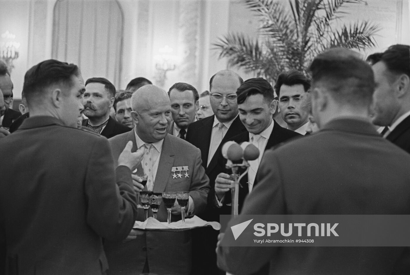 First Secretary of the Soviet Communist Party Nikita Khrushchev with cosmonauts