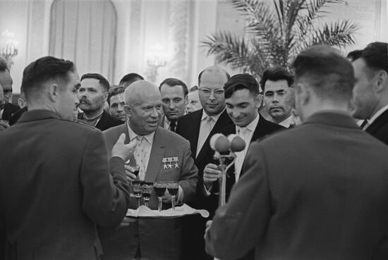 First Secretary of the Soviet Communist Party Nikita Khrushchev with cosmonauts