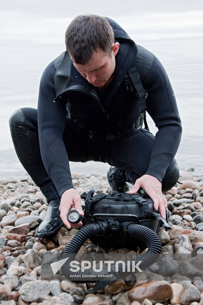 Practice session of divers, explosives experts at Lake Baikal