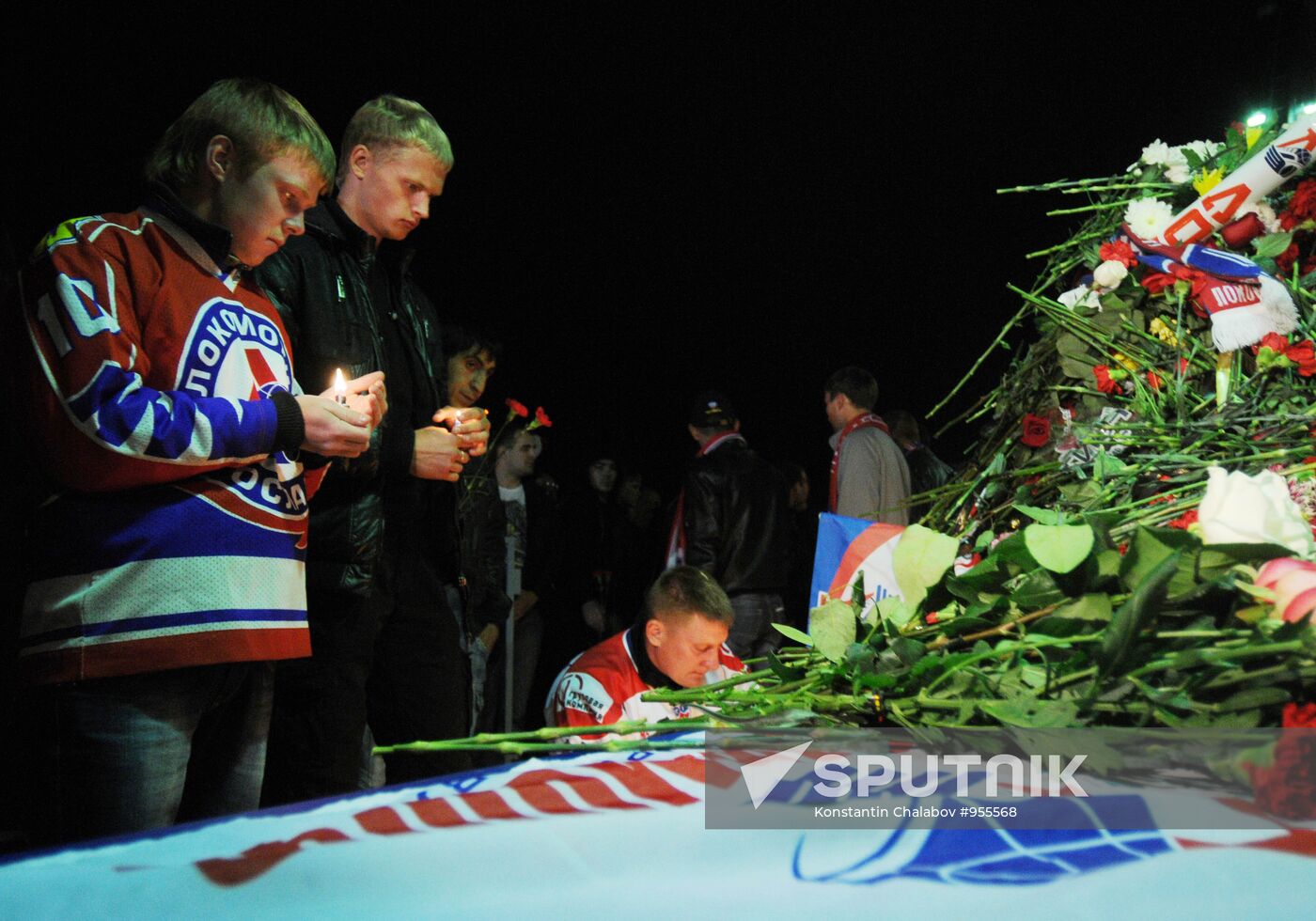 Fans of Yaroslavl Lokomotiv team gather at "Arena 2000" stadium