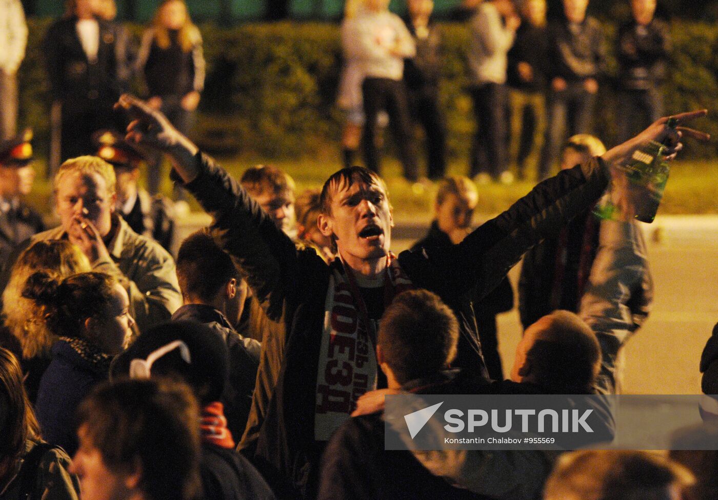 Fans of Yaroslavl Lokomotiv team gather at "Arena 2000" stadium