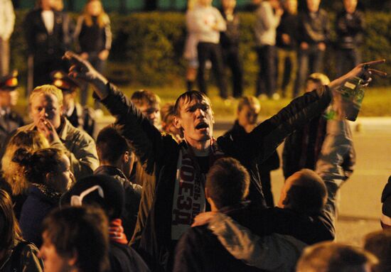 Fans of Yaroslavl Lokomotiv team gather at "Arena 2000" stadium
