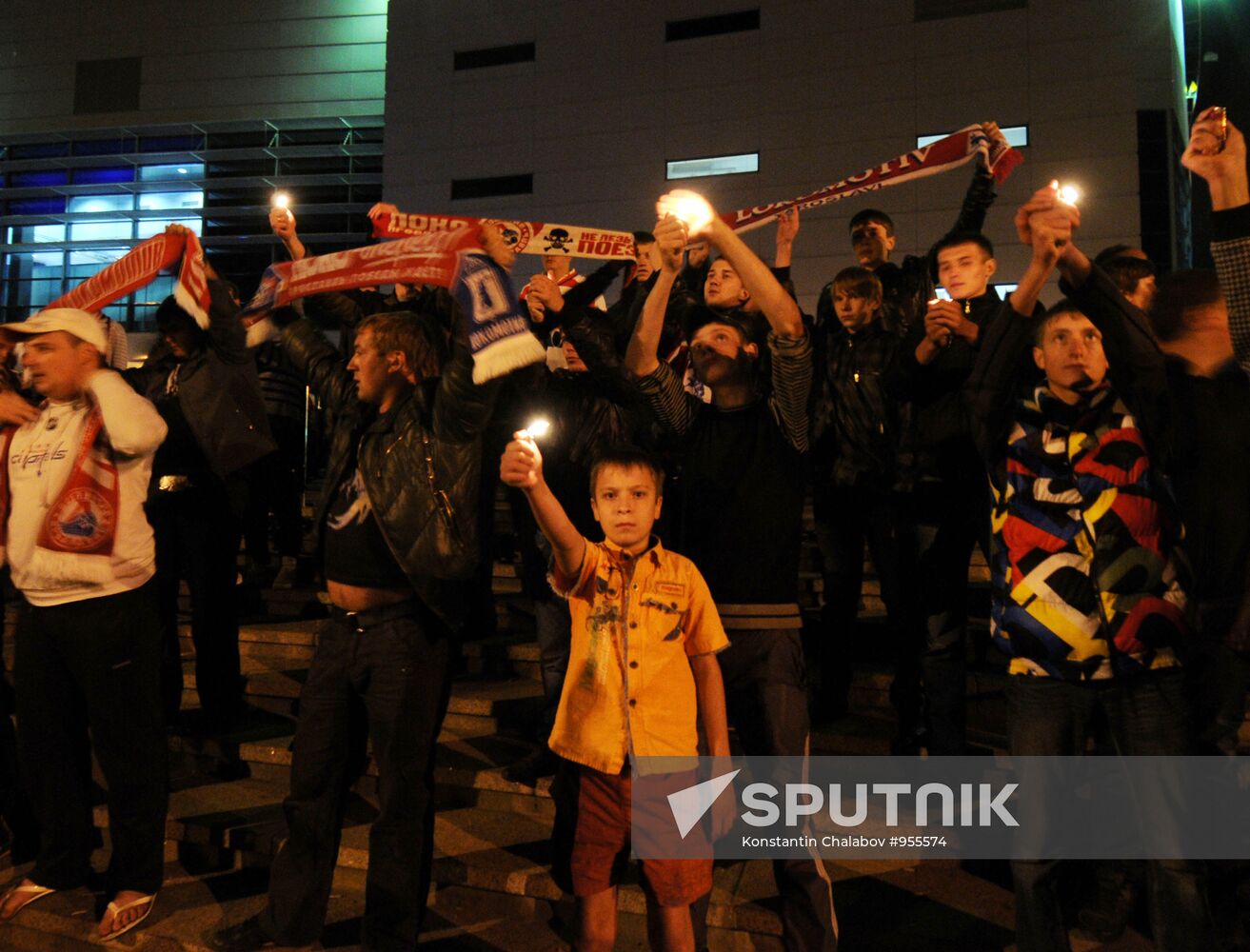 Fans of Yaroslavl Lokomotiv team gather at "Arena 2000" stadium