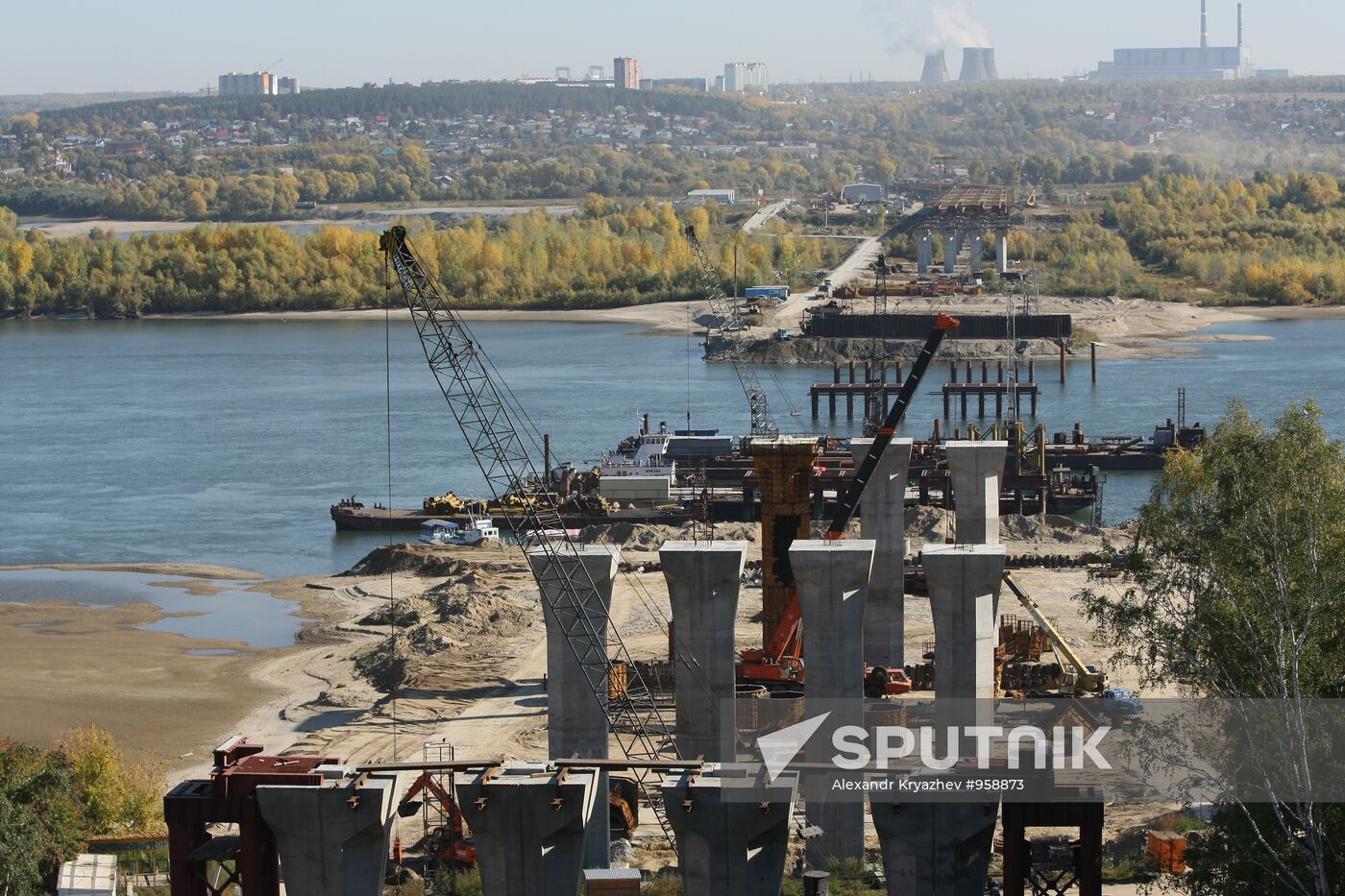 Construction of bridge across Ob River in Novosibirsk