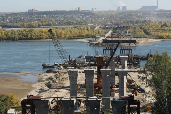 Construction of bridge across Ob River in Novosibirsk