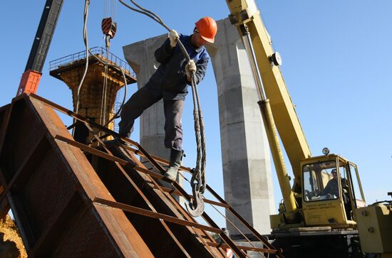 Construction of bridge across Ob River in Novosibirsk