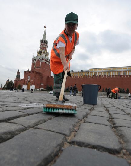 Cleaning Red Square in Moscow