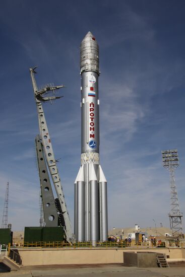 Proton-M carrier rocket with Kosmos satellite on launch pad