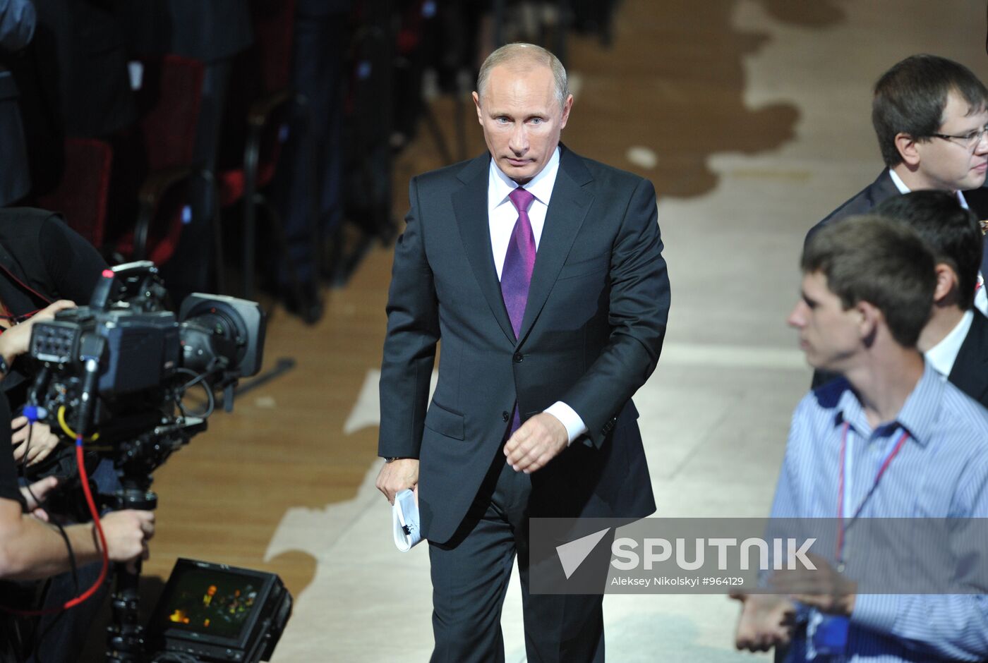 September 24, 2011. Prime Minister Vladimir Putin before his speech at the 7th United Russia Party Conference at Luzhniki Stadium. Location: Russia, Moscow. Author: Aleksey Nikolskyi/Sputnik. Medvedev and Putin at 7th United Russia Party Conference