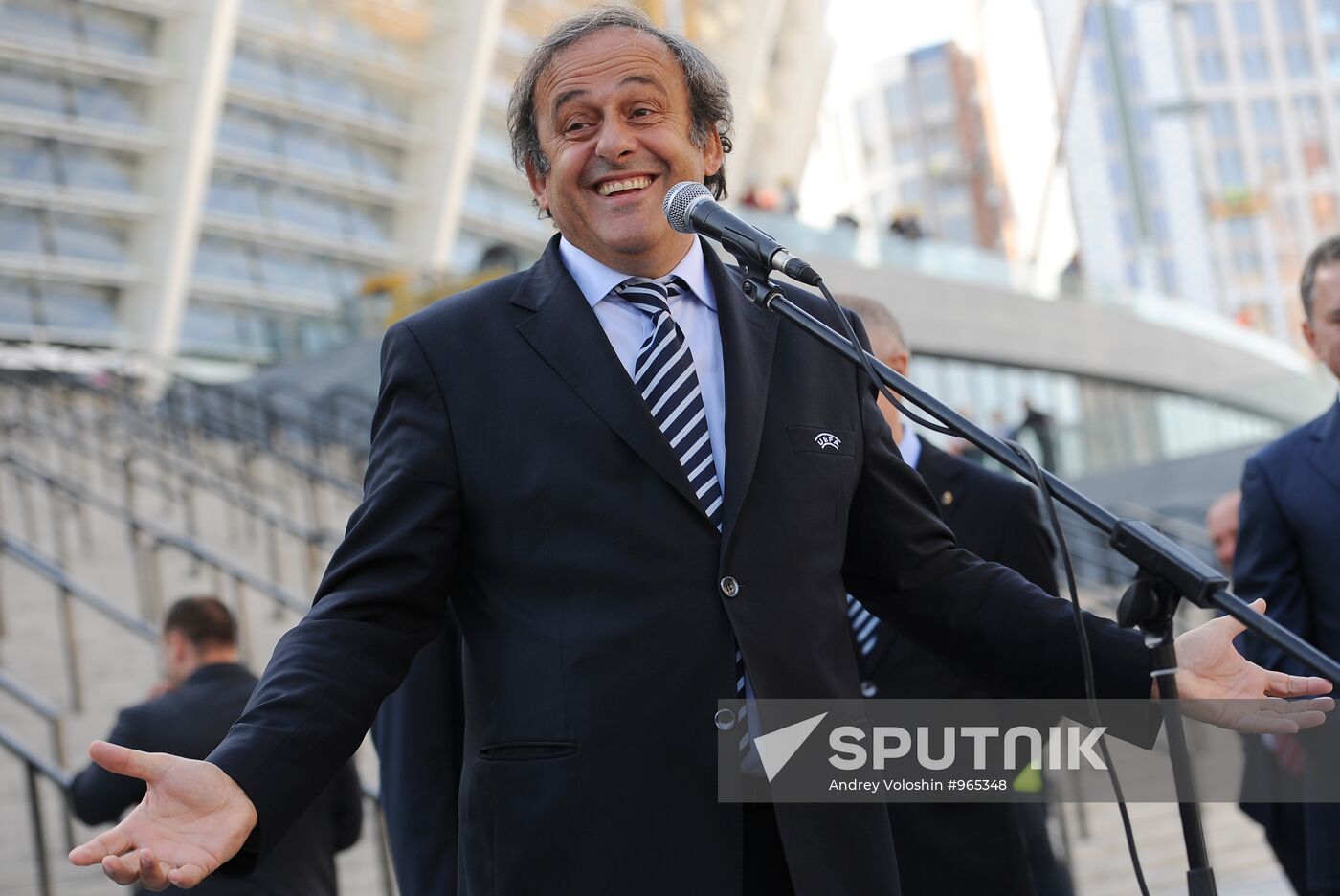 UEFA President Michel Platini during as news conference in front of the Olimpiisky stadium, Kiev. Location: Ukraine, Kiev. Author: Andrey Voloshin/Sputnik. UEFA President Michel Platini visits Ukraine