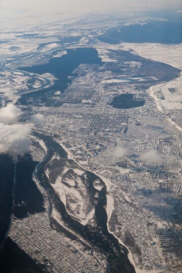Biysk town and Biya river as seen from aircraft