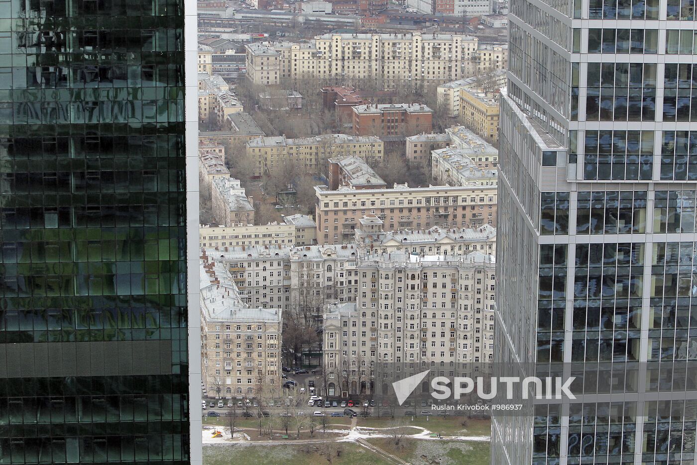 Construction of multi-story buildings in Moscow City area.