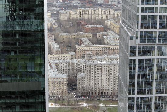 Construction of multi-story buildings in Moscow City area.