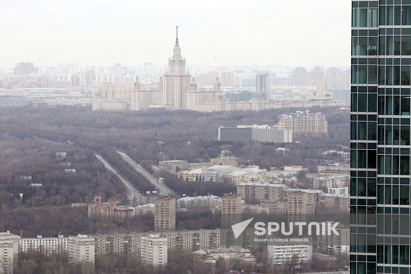 Construction of multi-story buildings in Moscow City area.