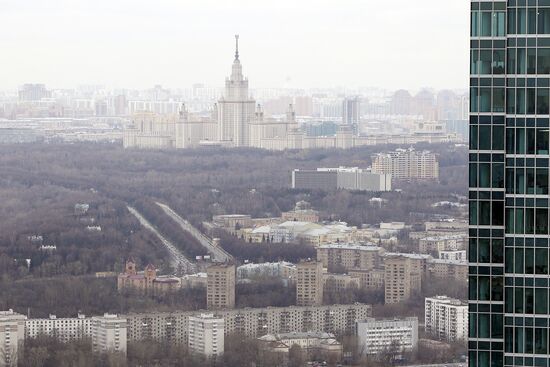 Construction of multi-story buildings in Moscow City area.