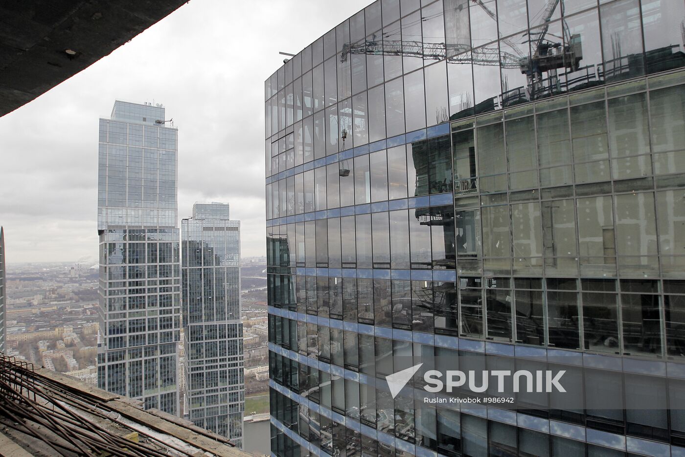 Construction of multi-story buildings in Moscow City area.
