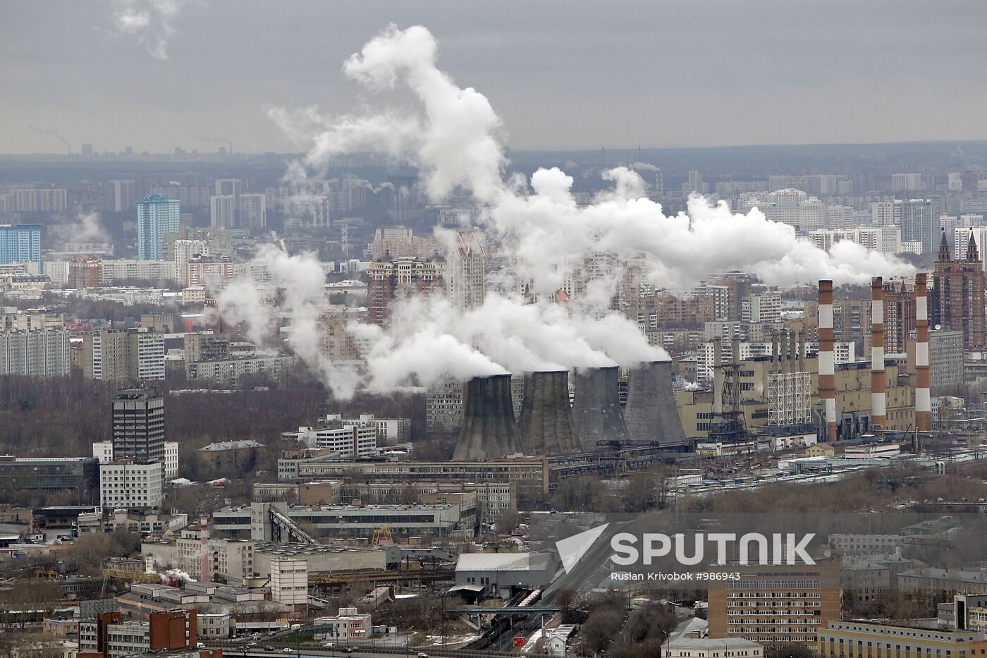 Construction of multi-story buildings in Moscow City area.