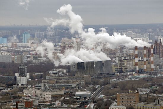 Construction of multi-story buildings in Moscow City area.