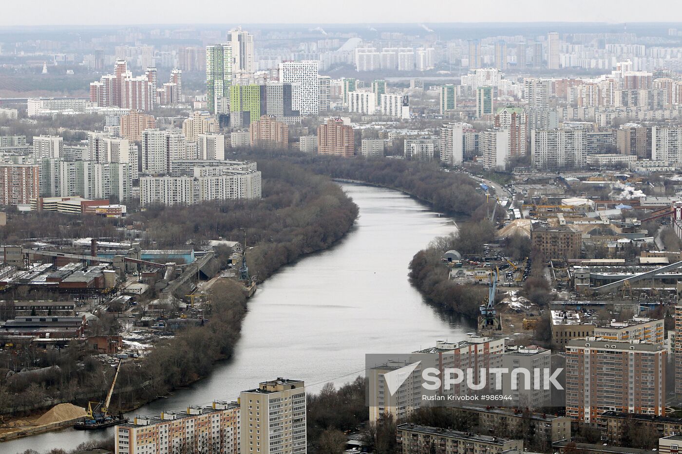 Construction of multi-story buildings in Moscow City area.