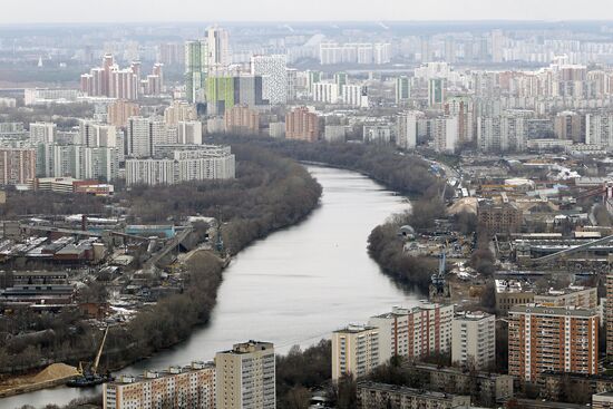 Construction of multi-story buildings in Moscow City area.