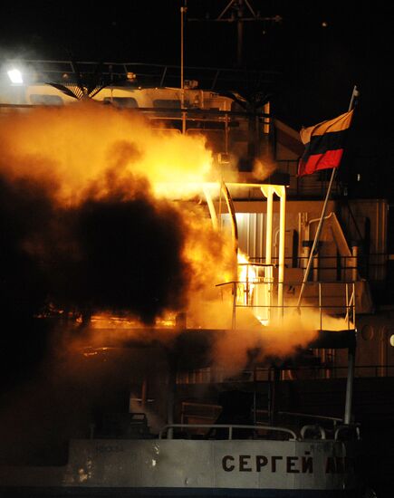 Fire on board the triple-deck ship Sergei Abramov in Moscow