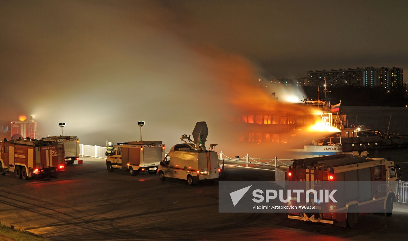 Fire on board the triple-deck ship Sergei Abramov in Moscow