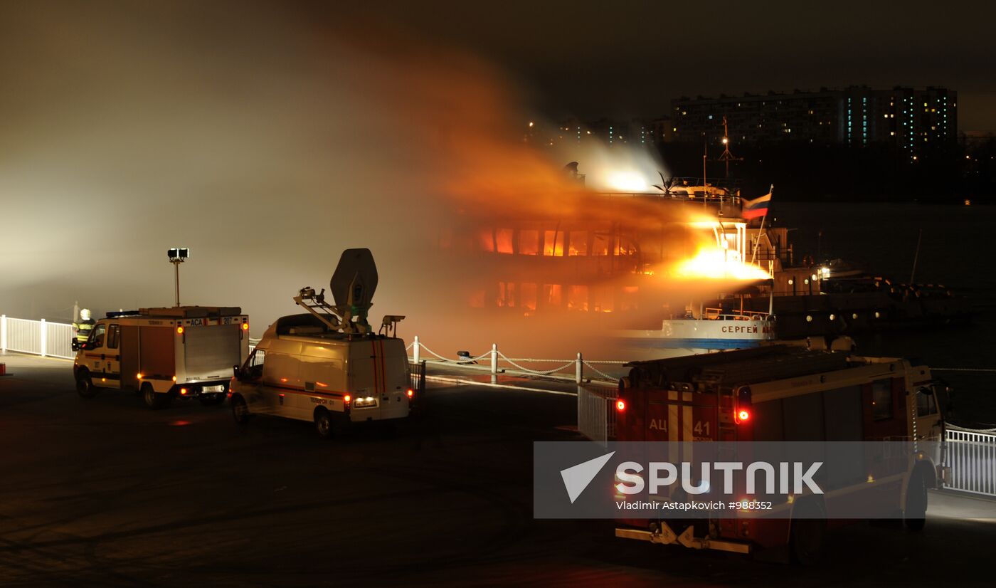 Fire on board the triple-deck ship Sergei Abramov in Moscow