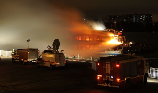 Fire on board the triple-deck ship Sergei Abramov in Moscow