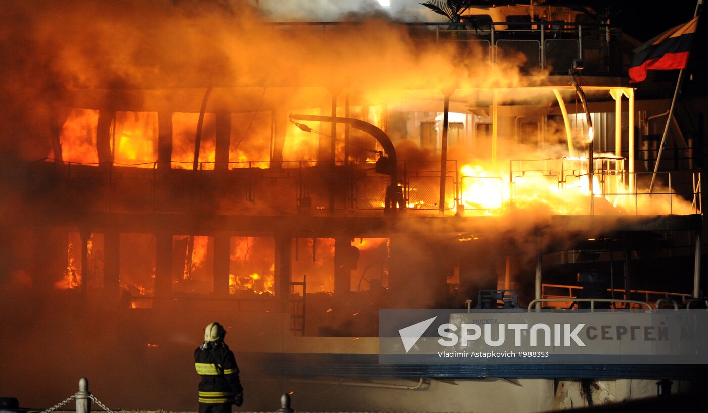 Fire on board the triple-deck ship Sergei Abramov in Moscow