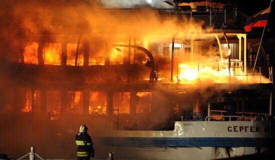 Fire on board the triple-deck ship Sergei Abramov in Moscow