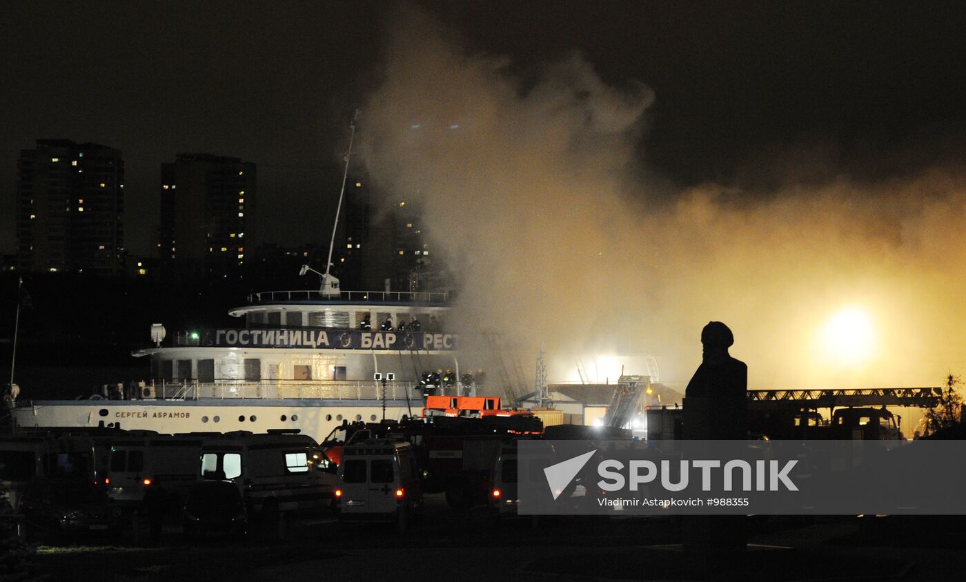 Fire on board the triple-deck ship Sergei Abramov in Moscow