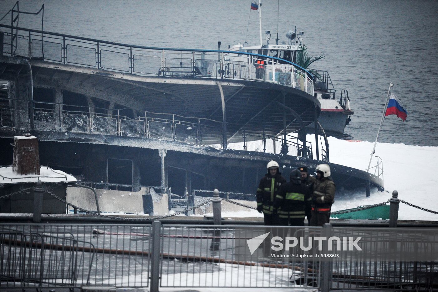 Fire on board the triple-deck ship Sergei Abramov in Moscow