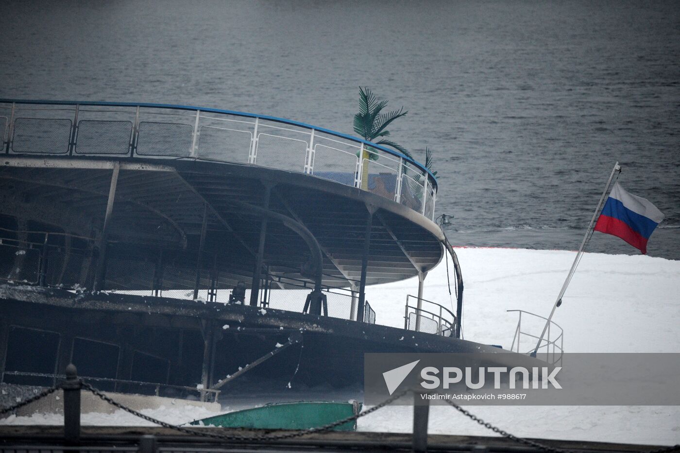 Fire on board the triple-deck ship Sergei Abramov in Moscow