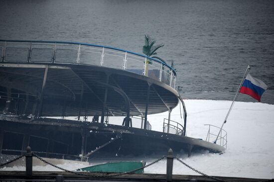 Fire on board the triple-deck ship Sergei Abramov in Moscow