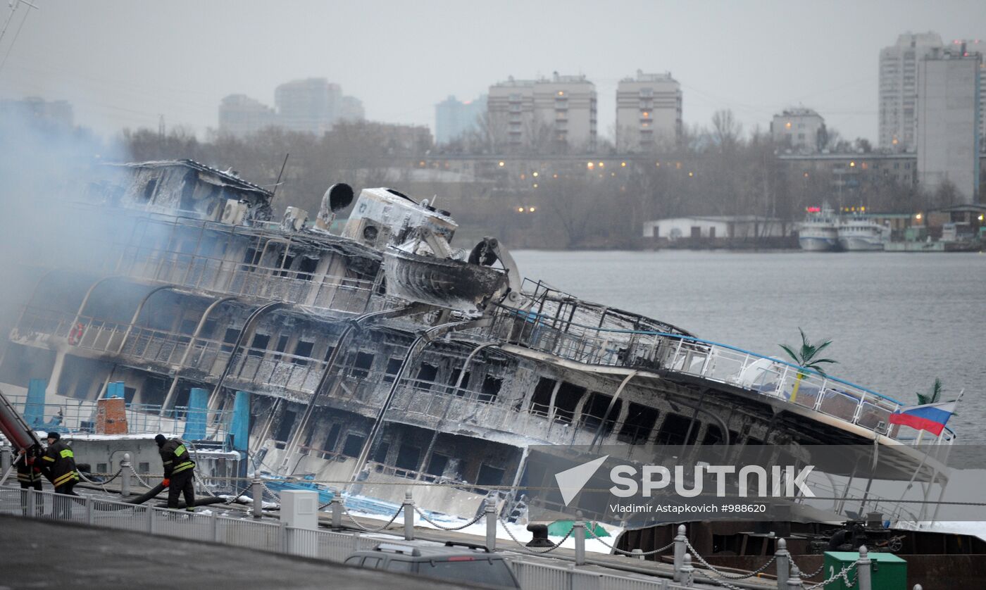 Fire on board the triple-deck ship Sergei Abramov in Moscow