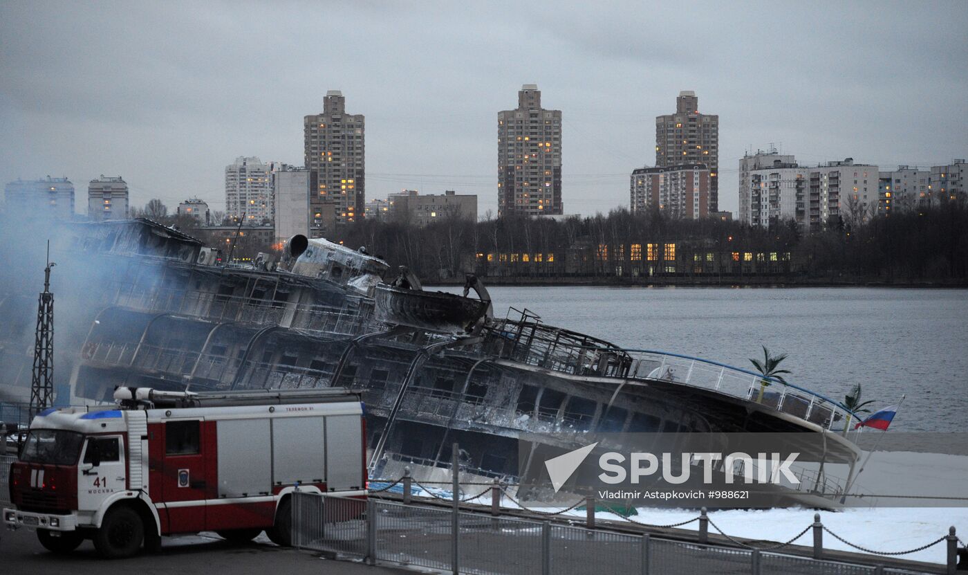 Fire on board the triple-deck ship Sergei Abramov in Moscow