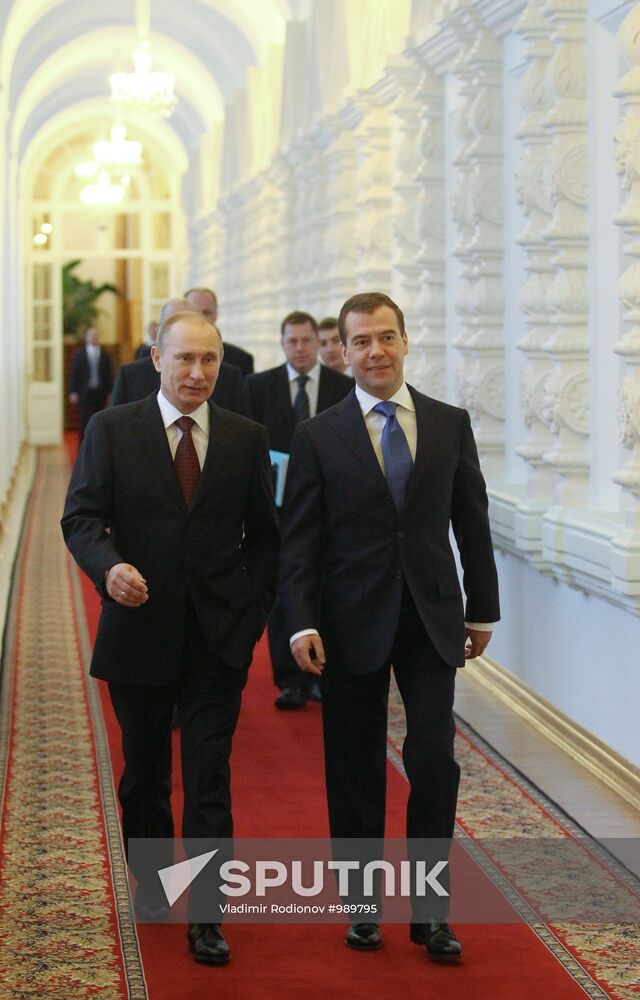 D.Medvedev and V.Putin meeting with retirees and veterans