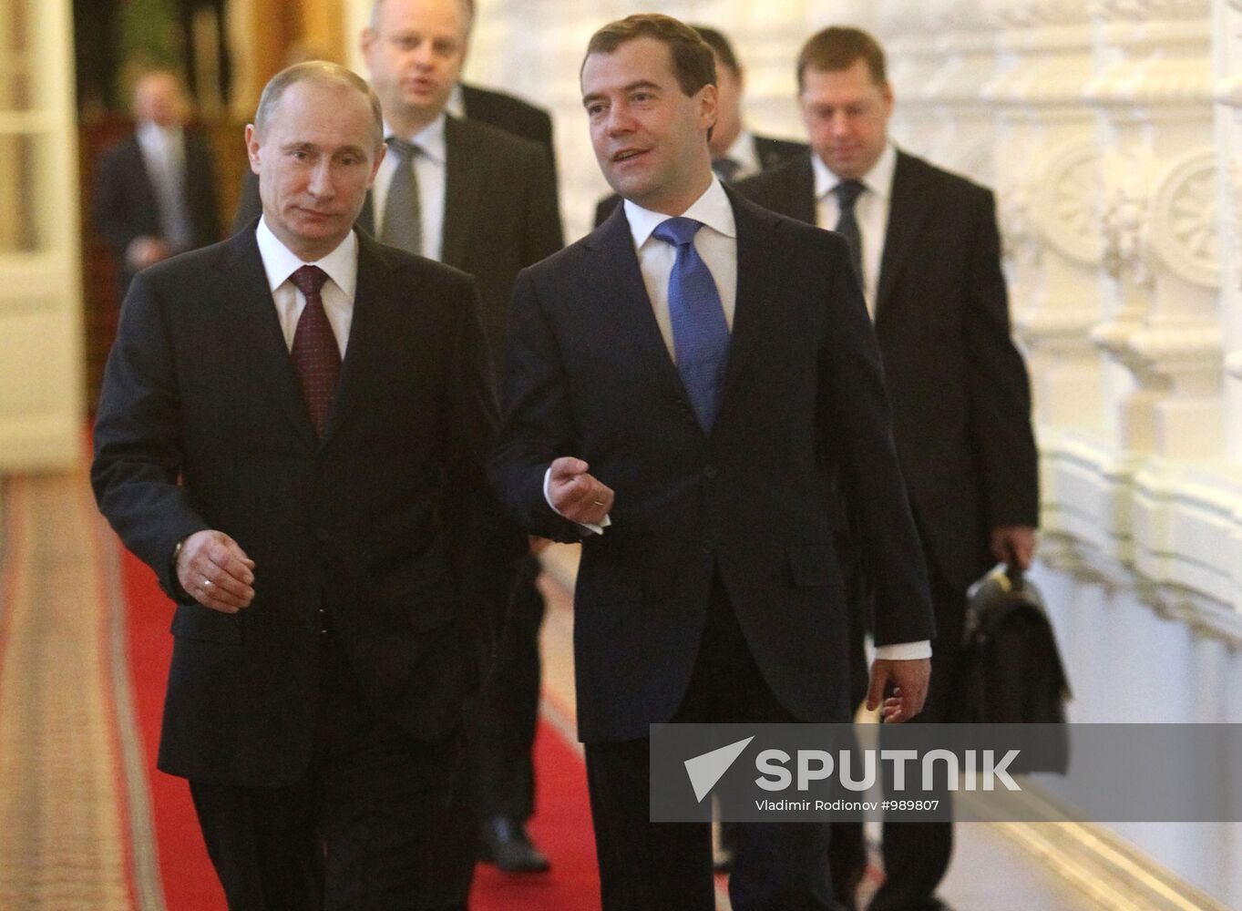 D.Medvedev and V.Putin meeting with retirees and veterans